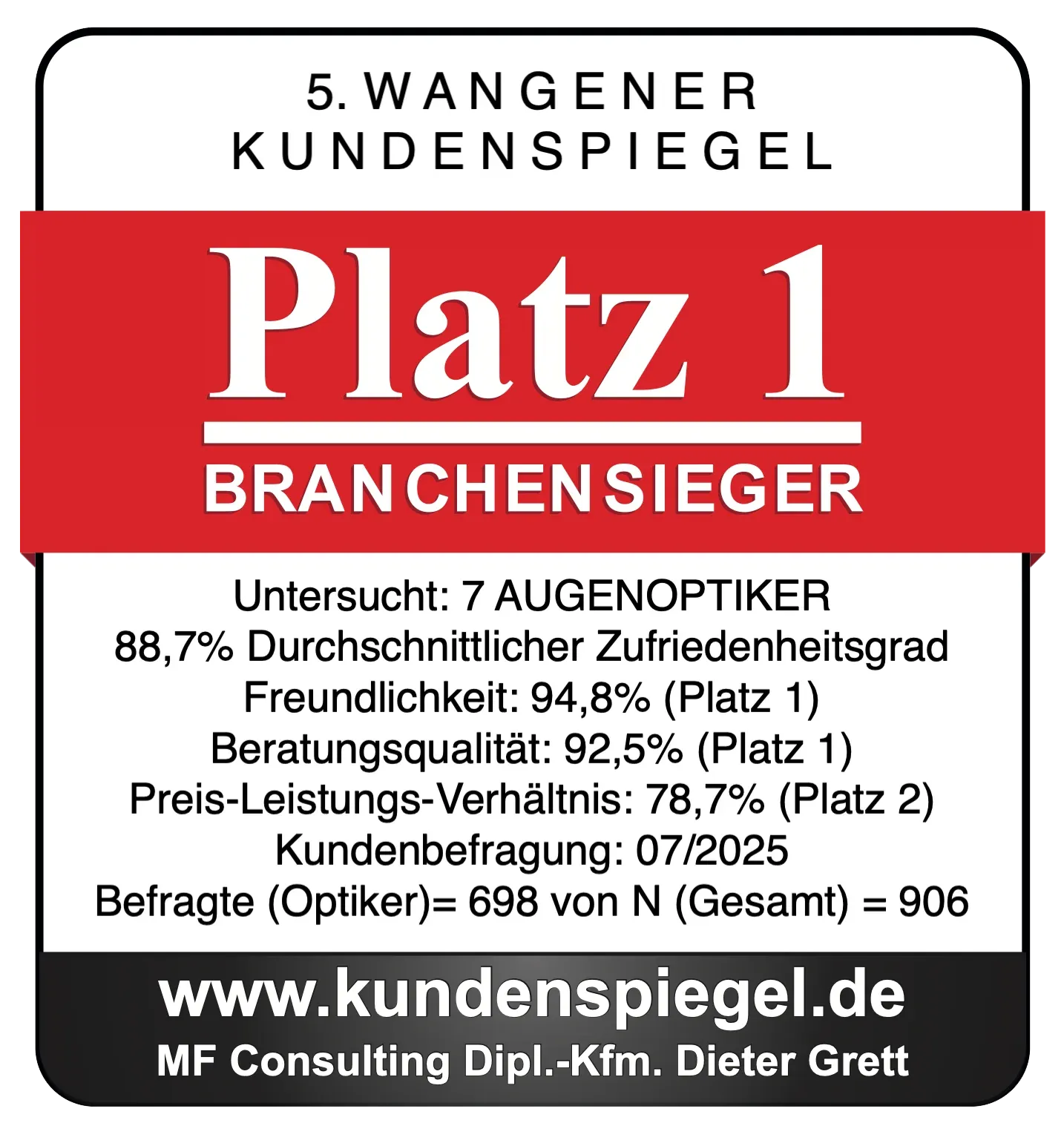 Auszeichnung Bester Optiker Wangen im Allgäu für Jäger-Kehrer